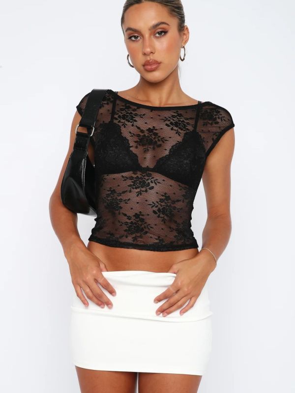 Crop Tops- Women's Mesh Lace See-Through Tee- Black- IndioGear Fashion and Gear