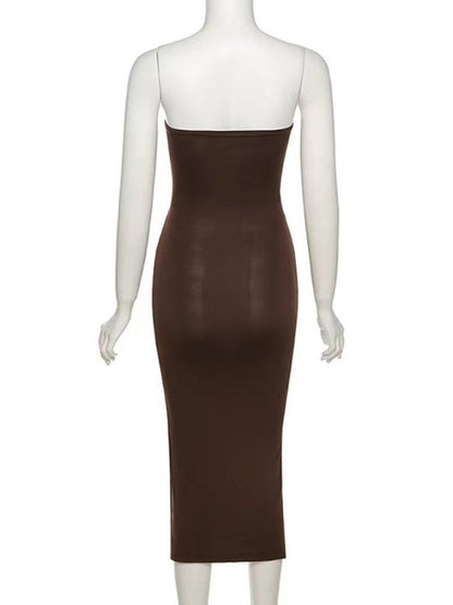 Cutout Dresses- Strapless Bodycon Midi Dress in Solid Hue with Ruched Slit Side- - IndioGear Fashion and Gear