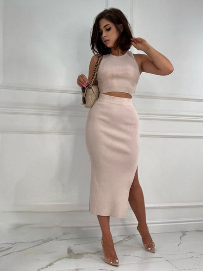 Cutout Outfits- Ribbed Cutout 2-Piece Bodycon with Crop Tank Top and Slit Midi Dress- Khaki- IndioGear Fashion and Gear