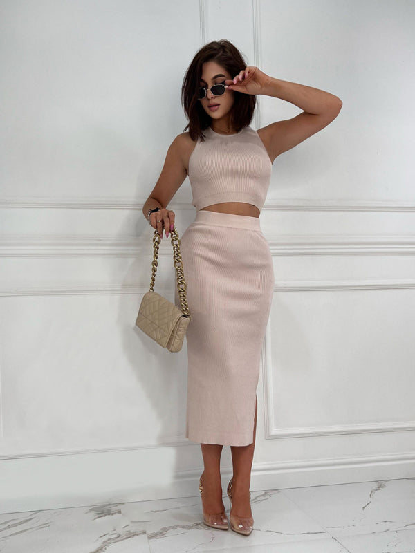 Cutout Outfits- Ribbed Cutout 2-Piece Bodycon with Crop Tank Top and Slit Midi Dress- - IndioGear Fashion and Gear