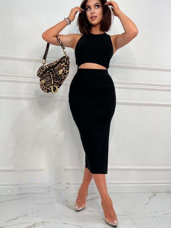 Cutout Outfits- Ribbed Cutout 2-Piece Bodycon with Crop Tank Top and Slit Midi Dress- - IndioGear Fashion and Gear