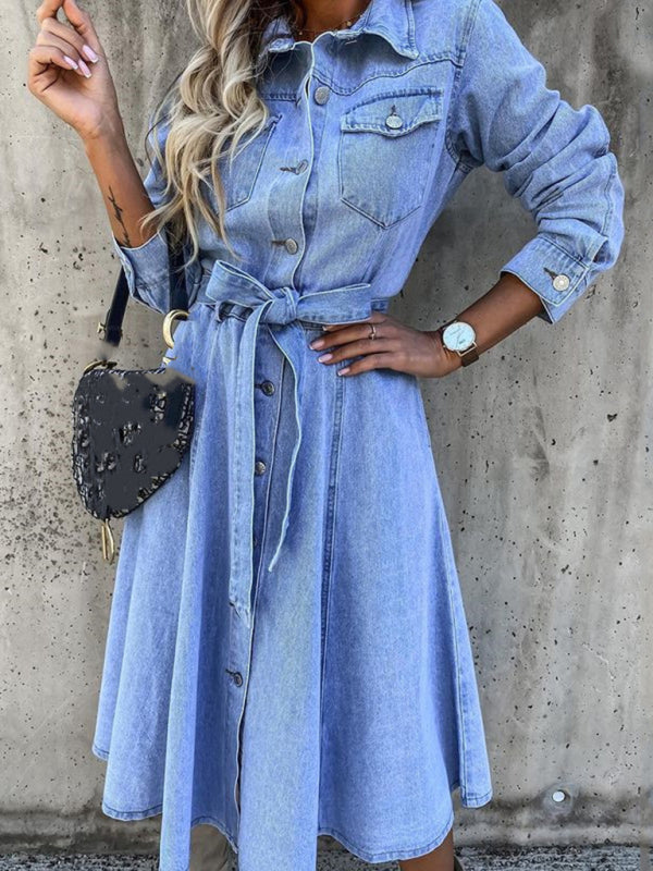 Denim Dresses- Denim Shirt Dress with Flap, Side Pockets - Belt Tie Jean Dress- Blue- Pekosa Women Clothing