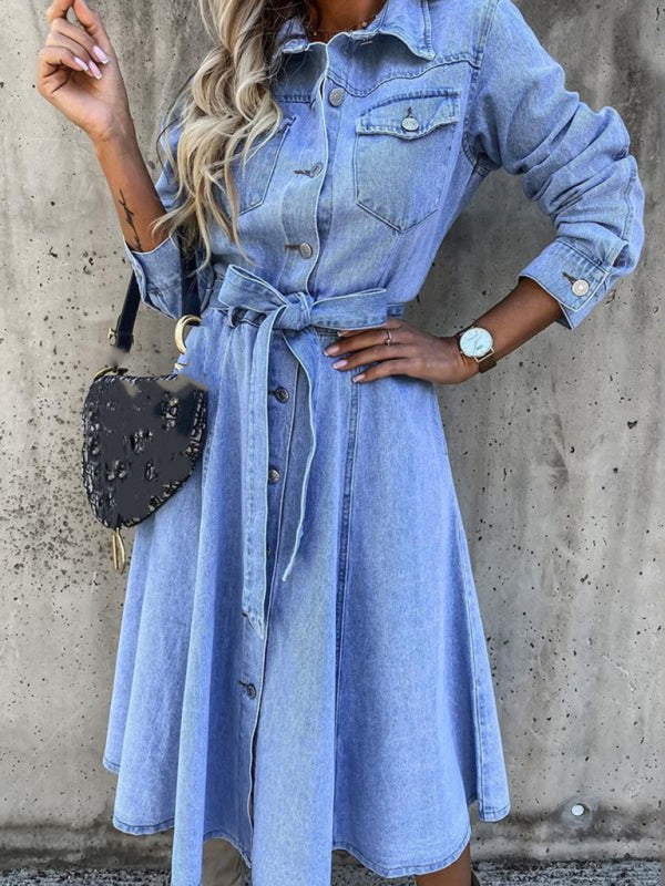 Denim Dresses- Denim Shirt Dress with Flap, Side Pockets - Belt Tie Jean Dress- - Pekosa Women Clothing