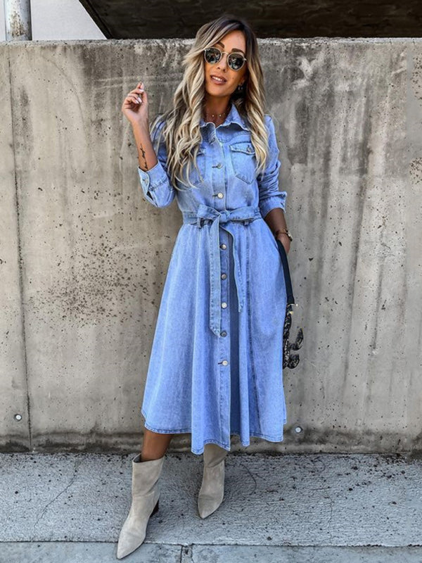 Denim Dresses- Denim Shirt Dress with Flap, Side Pockets - Belt Tie Jean Dress- - Pekosa Women Clothing