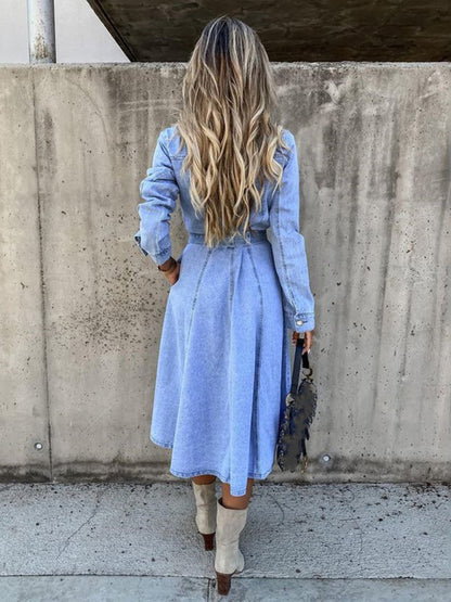 Denim Dresses- Denim Shirt Dress with Flap, Side Pockets - Belt Tie Jean Dress- - Pekosa Women Clothing