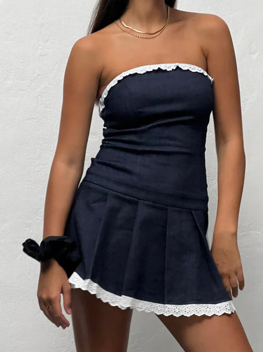 Denim Dresses- Denim Strapless Tube Dress with Pleats and Lace Detail- Champlain color- IndioGear Fashion and Gear