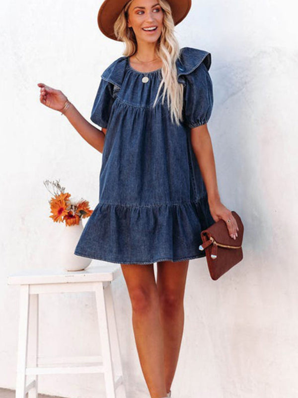 Denim Dresses- Denim Tunic Mini Dress with Puff Sleeves and Ruffle Accents- - IndioGear Fashion and Gear