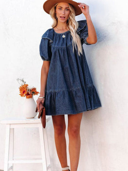 Denim Dresses- Denim Tunic Mini Dress with Puff Sleeves and Ruffle Accents- - IndioGear Fashion and Gear