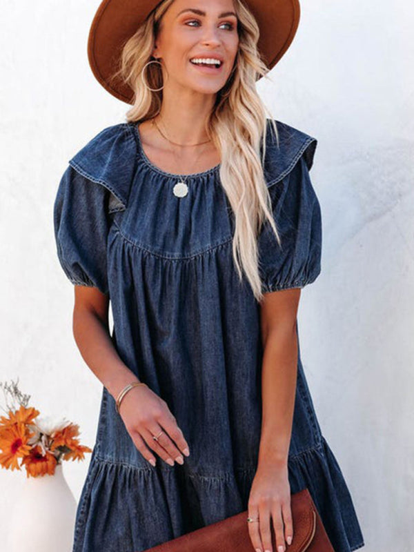 Denim Dresses- Denim Tunic Mini Dress with Puff Sleeves and Ruffle Accents- Blue- IndioGear Fashion and Gear