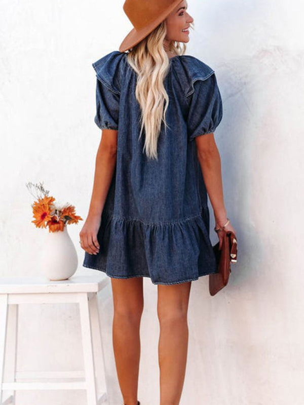 Denim Dresses- Denim Tunic Mini Dress with Puff Sleeves and Ruffle Accents- - IndioGear Fashion and Gear