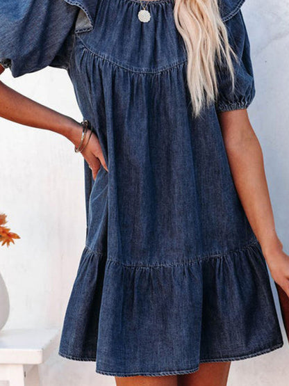 Denim Dresses- Denim Tunic Mini Dress with Puff Sleeves and Ruffle Accents- - IndioGear Fashion and Gear