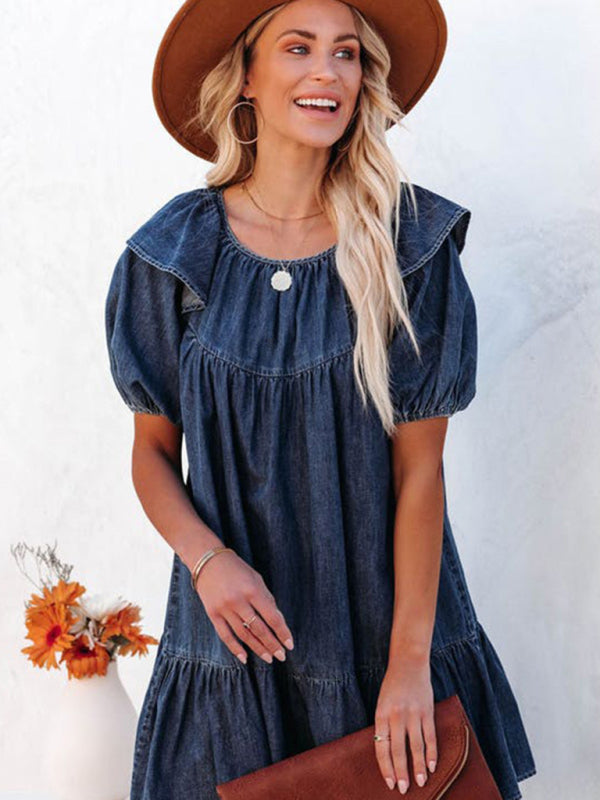 Denim Dresses- Denim Tunic Mini Dress with Puff Sleeves and Ruffle Accents- - IndioGear Fashion and Gear