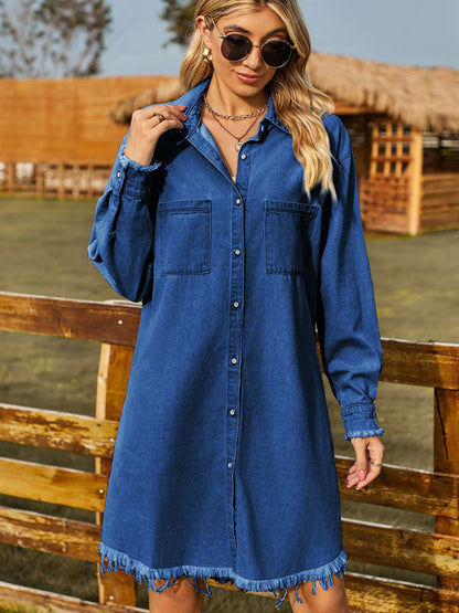 Denim Dresses- Retro Oversized Distressed Denim Shirt Dress- Purplish blue navy- IndioGear Fashion and Gear