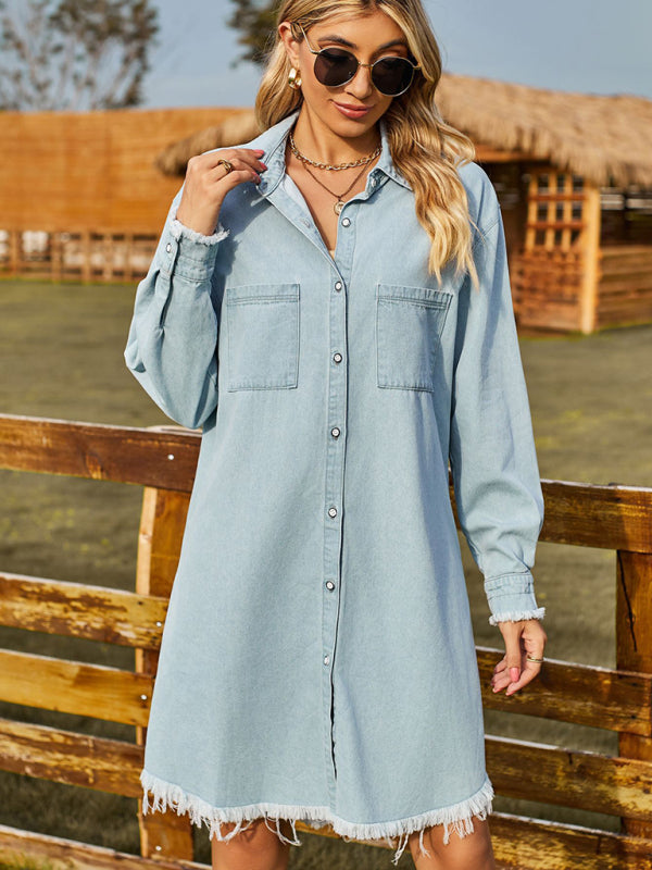 Denim Dresses- Retro Oversized Distressed Denim Shirt Dress- - IndioGear Fashion and Gear