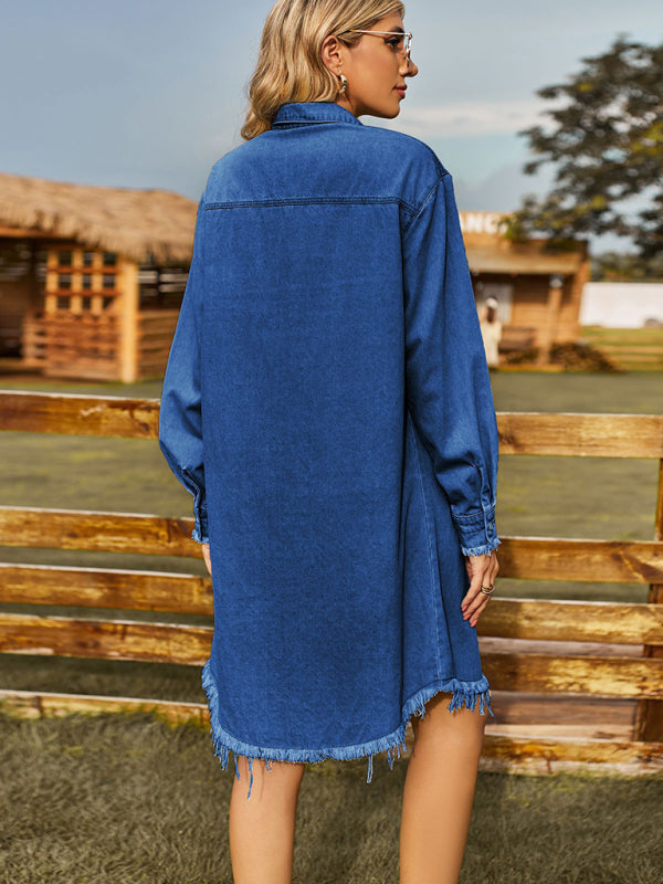 Denim Dresses- Retro Oversized Distressed Denim Shirt Dress- - IndioGear Fashion and Gear