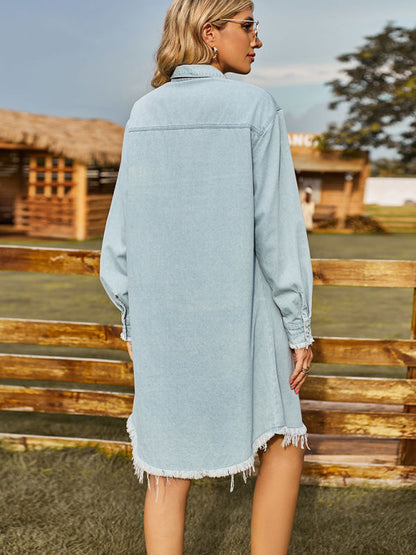 Denim Dresses- Retro Oversized Distressed Denim Shirt Dress- - IndioGear Fashion and Gear