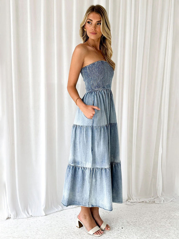 Denim Dresses- Smocked Bodice Denim Midi Dress Strapless & Tiered with Side Pockets- - IndioGear Fashion and Gear