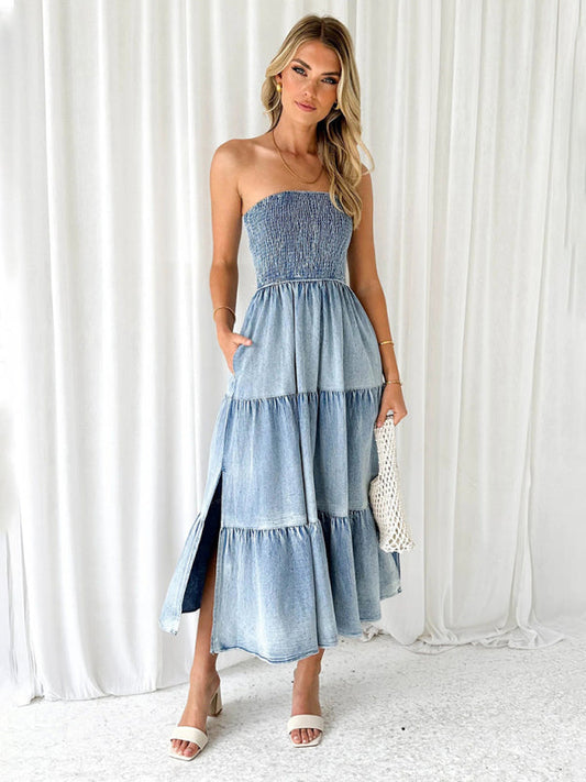 Denim Dresses- Smocked Bodice Denim Midi Dress Strapless & Tiered with Side Pockets- Clear blue- IndioGear Fashion and Gear