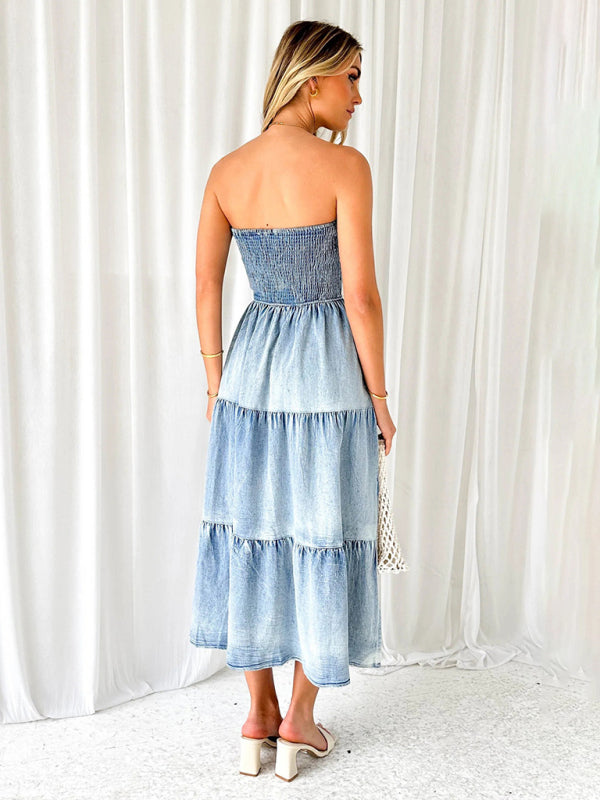 Denim Dresses- Smocked Bodice Denim Midi Dress Strapless & Tiered with Side Pockets- - IndioGear Fashion and Gear