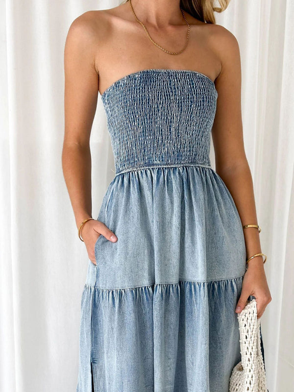 Denim Dresses- Smocked Bodice Denim Midi Dress Strapless & Tiered with Side Pockets- - IndioGear Fashion and Gear