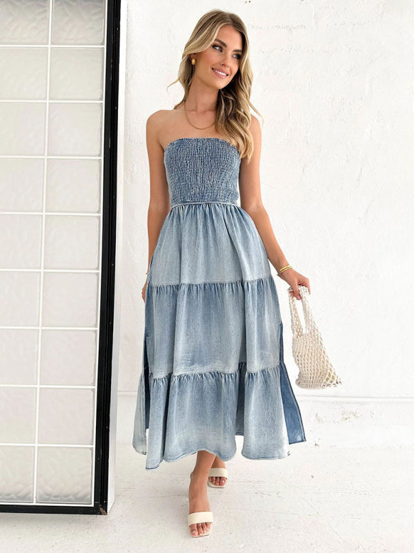 Denim Dresses- Smocked Bodice Denim Midi Dress Strapless & Tiered with Side Pockets- - IndioGear Fashion and Gear