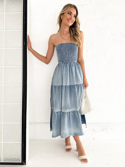 Denim Dresses- Smocked Bodice Denim Midi Dress Strapless & Tiered with Side Pockets- - IndioGear Fashion and Gear