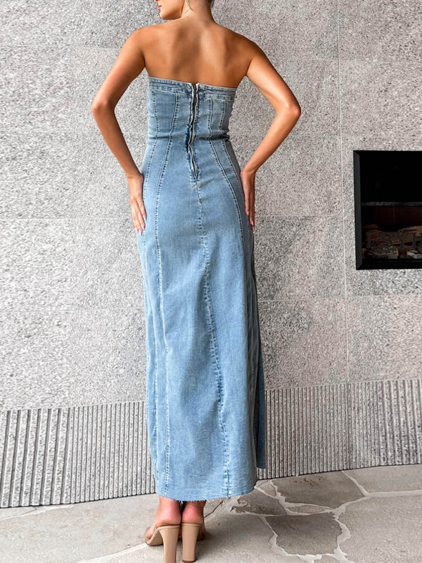 Denim Dresses- Washed Denim Strapless Tube Slit Long Dress- - IndioGear Clothing and Gear