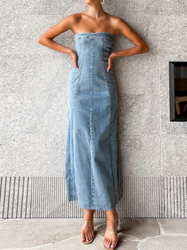 Denim Dresses- Washed Denim Strapless Tube Slit Long Dress- Blue- IndioGear Clothing and Gear