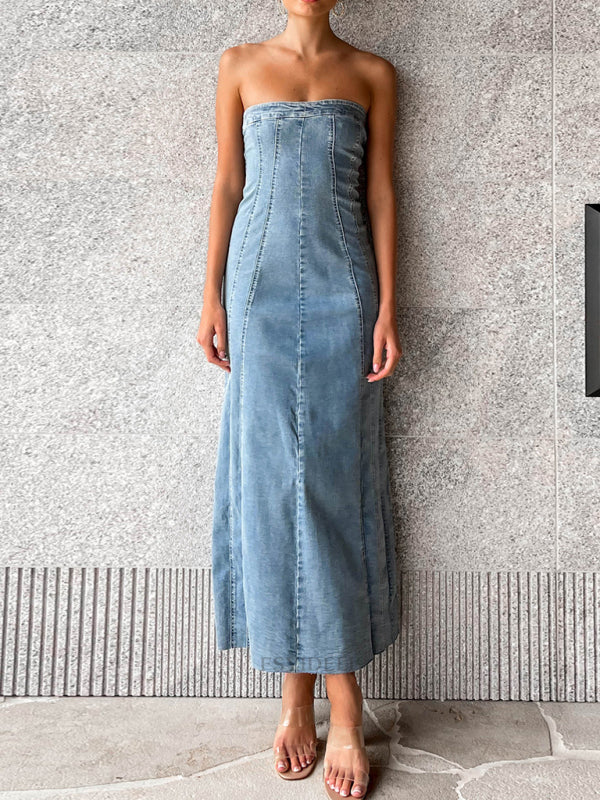 Denim Dresses- Washed Denim Strapless Tube Slit Long Dress- - IndioGear Clothing and Gear