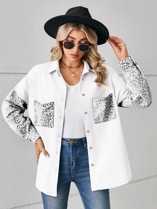 Denim Jackets- Be Unique Denim Leopard Print Patchwork Jacket | Shacket- White- IndioGear Fashion and Gear