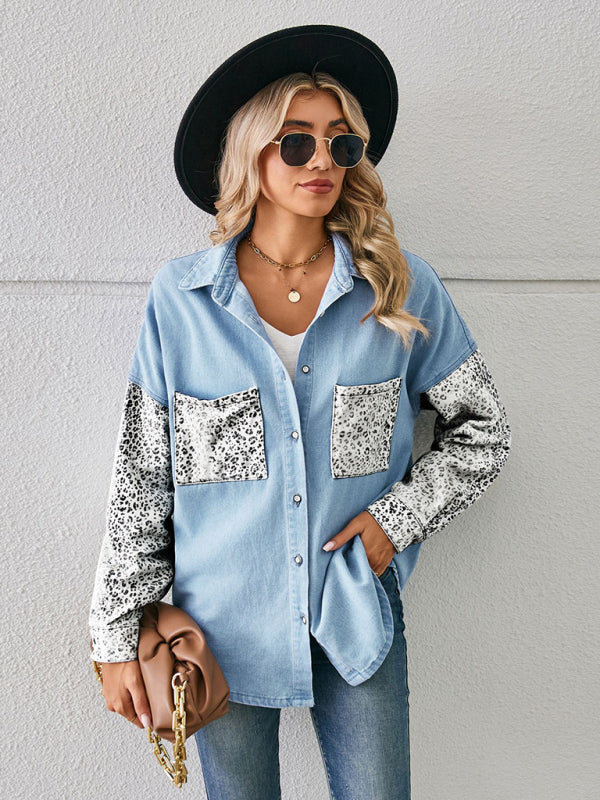 Denim Jackets- Be Unique Denim Leopard Print Patchwork Jacket | Shacket- - IndioGear Fashion and Gear