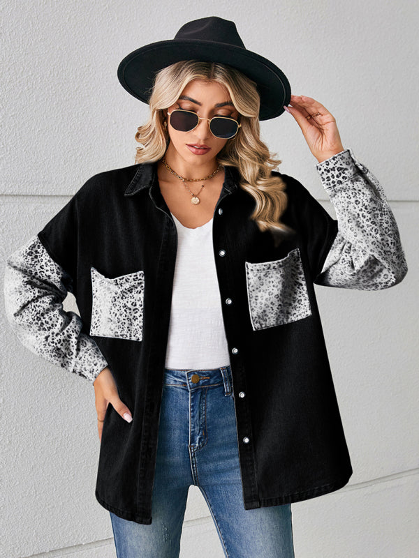 Denim Jackets- Be Unique Denim Leopard Print Patchwork Jacket | Shacket- Black- IndioGear Fashion and Gear