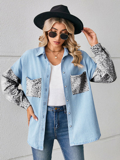 Denim Jackets- Be Unique Denim Leopard Print Patchwork Jacket | Shacket- Blue- IndioGear Fashion and Gear