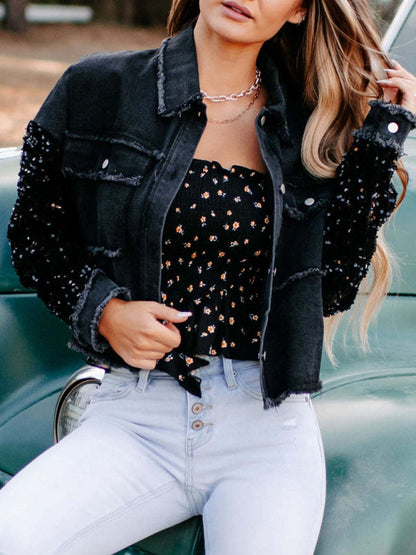 Denim Jackets- Distressed Denim Sparkling Sequin Patchwork Crop Jacket- - IndioGear Fashion and Gear