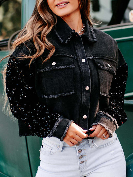 Denim Jackets- Distressed Denim Sparkling Sequin Patchwork Crop Jacket- Black- IndioGear Fashion and Gear