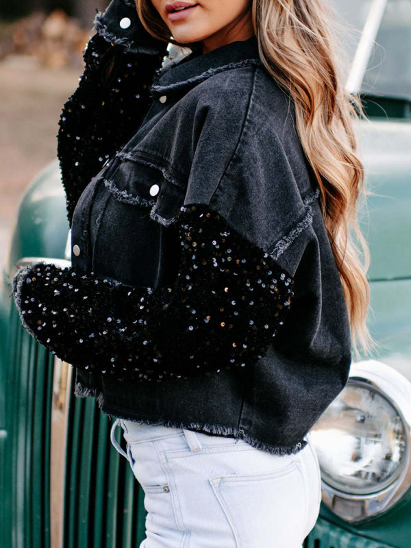 Denim Jackets- Distressed Denim Sparkling Sequin Patchwork Crop Jacket- - IndioGear Fashion and Gear