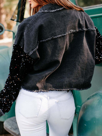 Denim Jackets- Distressed Denim Sparkling Sequin Patchwork Crop Jacket- - IndioGear Fashion and Gear