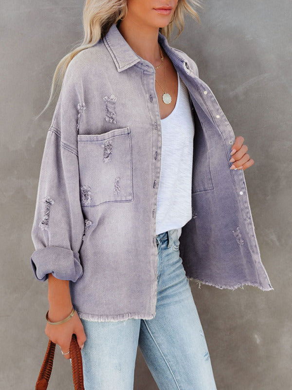 Denim Jackets- Distressed Frayed Denim Shacket - Fall & Winter Chic- - Pekosa Women Clothing