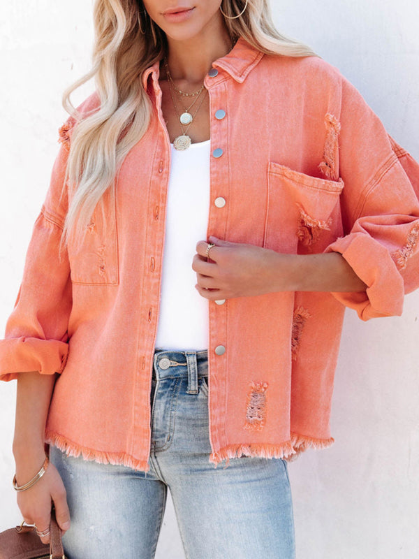 Denim Jackets- Distressed Frayed Denim Shacket - Fall & Winter Chic- Orange- Pekosa Women Clothing