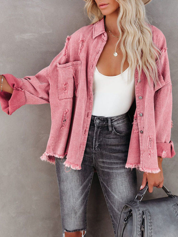 Denim Jackets- Distressed Frayed Denim Shacket - Fall & Winter Chic- - Pekosa Women Clothing