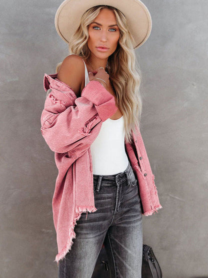 Denim Jackets- Distressed Frayed Denim Shacket - Fall & Winter Chic- - Pekosa Women Clothing