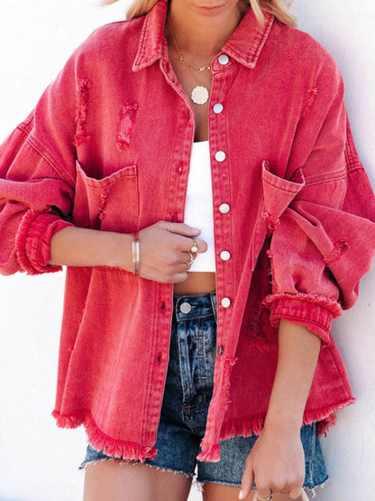 Denim Jackets- Distressed Frayed Denim Shacket - Fall & Winter Chic- Red- Pekosa Women Clothing