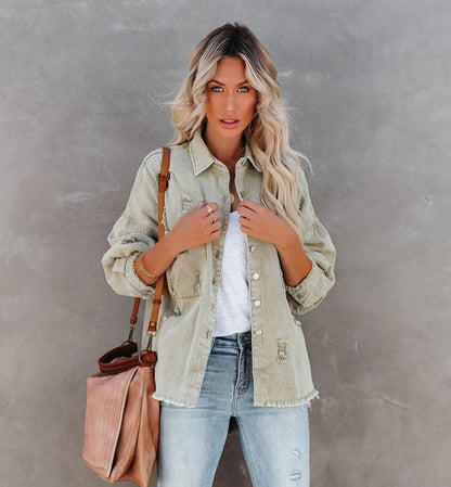 Denim Jackets- Distressed Frayed Denim Shacket - Fall & Winter Chic- Green- Pekosa Women Clothing