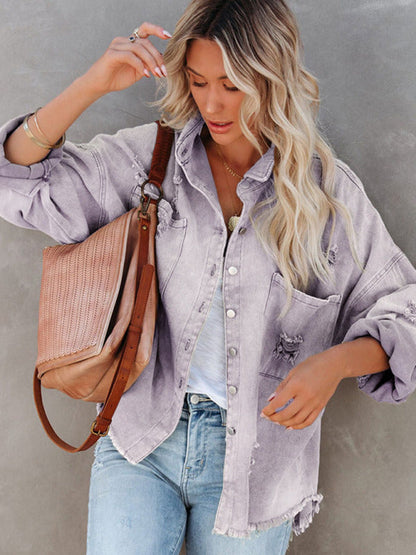 Denim Jackets- Distressed Frayed Denim Shacket - Fall & Winter Chic- Purple- Pekosa Women Clothing