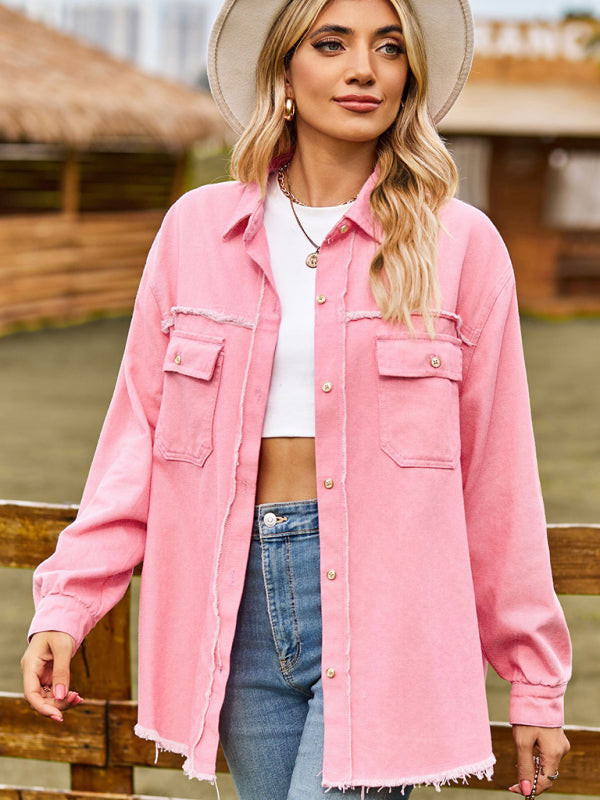 Denim Jackets- Frayed Denim Jacket - Distressed Jean Shirt- Pink- IndioGear Fashion and Gear