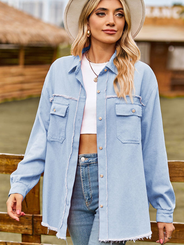 Denim Jackets- Frayed Denim Jacket - Distressed Jean Shirt- Clear blue- IndioGear Fashion and Gear