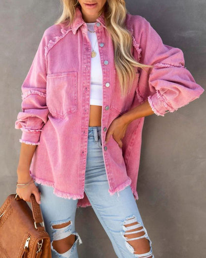 Denim Jackets- Frayed Patch Denim Shirt Jacket- Pink- IndioGear Fashion and Gear