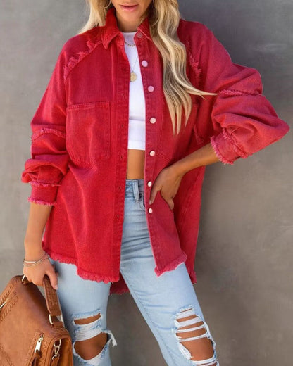 Denim Jackets- Frayed Patch Denim Shirt Jacket- Red- IndioGear Fashion and Gear