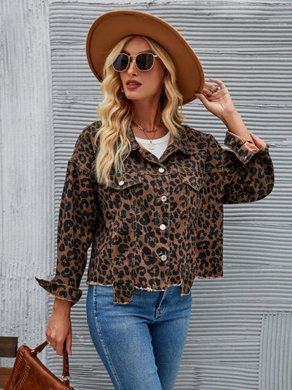 Leopard Denim Autumn Casual Crop Jacket | Denim Jackets | Pekosa Women Clothing