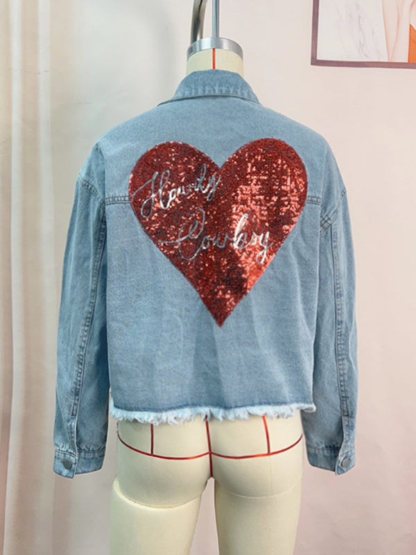 Denim Jackets- Love at the Back Heart Sequined Patched Denim Jacket | Crop Shacket- - IndioGear Fashion and Gear